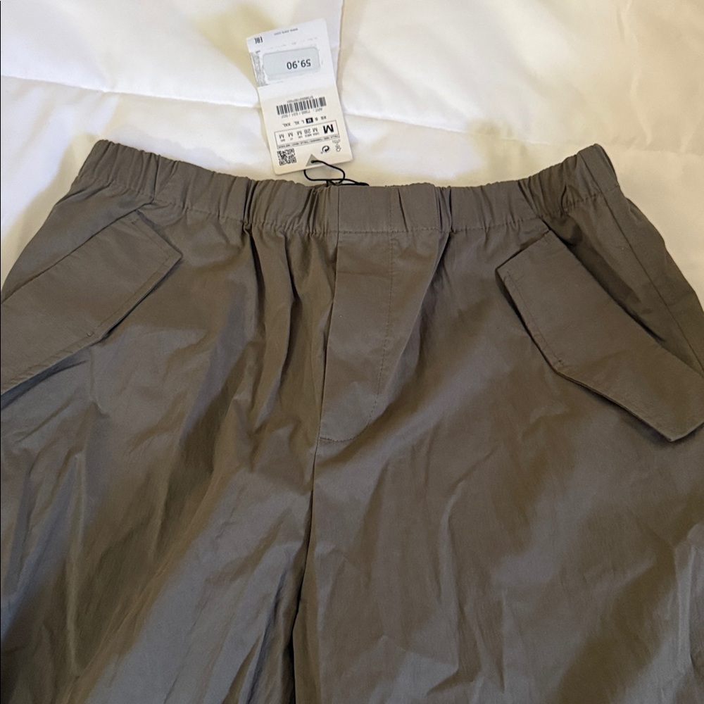 Zara Women Parachute Cargo Pants Elastic Waist Casual Pants - Olive Green - Picture 5 of 5